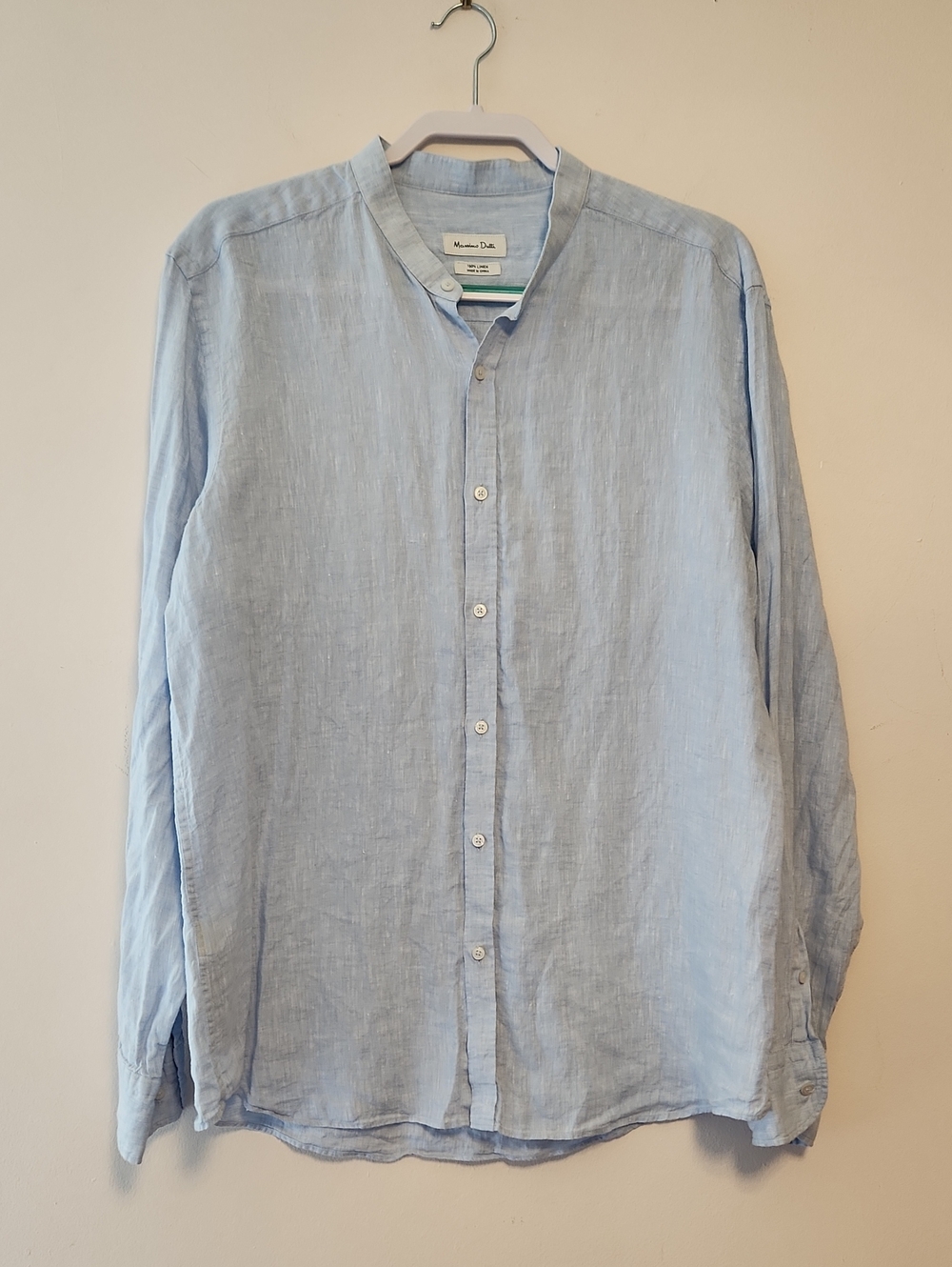Massimo Dutti Light Blue Linen Band Collar Button Down Shirt - Men XL